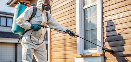 Evin dış cephesinde ilaçlama yapan teknisyen