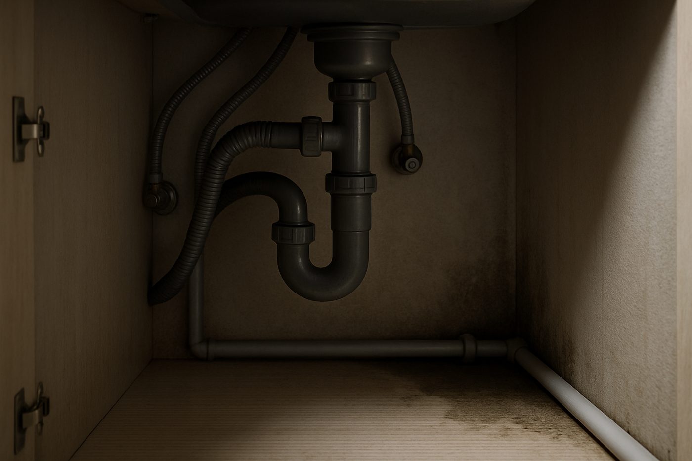 Lavabo altı dolabında tesisat ve nemli köşe